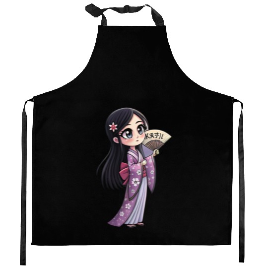 Cute Chibi Geisha Anime Inspired Kimono Design Kitchen Aprons