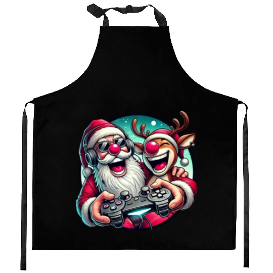 Funny Christmas Duo: Santa & Rudolph Gaming Kitchen Aprons