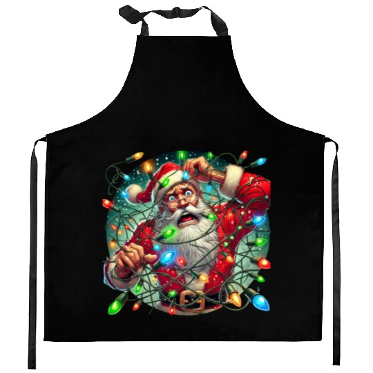 Funny Christmas Santa: Tangled in Lights Kitchen Aprons