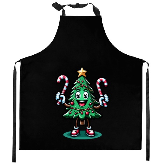 Happy Christmas Tree With Candy Canes Retro Kitchen Aprons