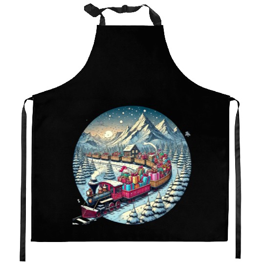 Christmas Train of Gifts through Snowy Peaks Kitchen Aprons