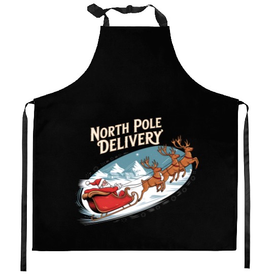 North Pole Delivery with Santa and Reindeer Kitchen Aprons