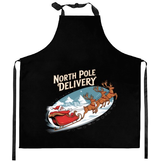 North Pole Delivery with Santa and Reindeer Kitchen Aprons