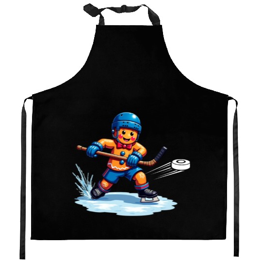 gingerbread hockey player christmas fun Kitchen Aprons