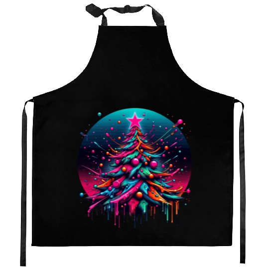 Neon Graffiti Christmas Tree with Bold Spray Paint Kitchen Aprons
