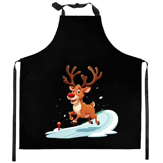 Joyful Reindeer Dashing to Santa's House Kitchen Aprons