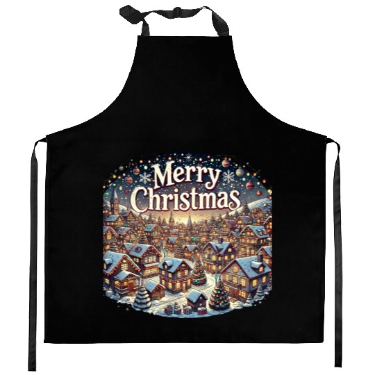 Cozy Winter Village - Christmas Lights and Cheer Kitchen Aprons