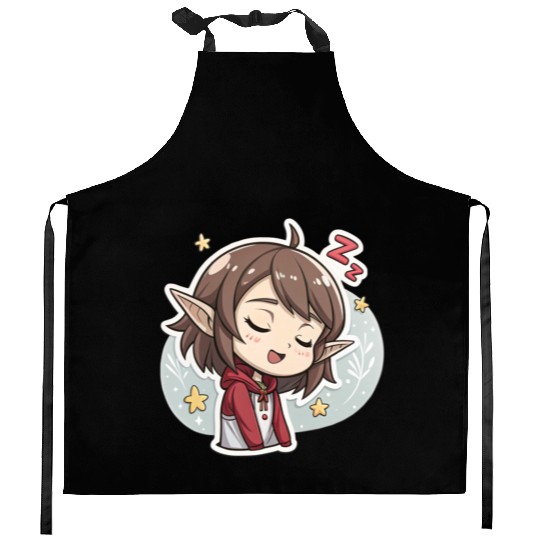 Adorable Sleepy Elf Art Print for Cozy Comfort Kitchen Aprons