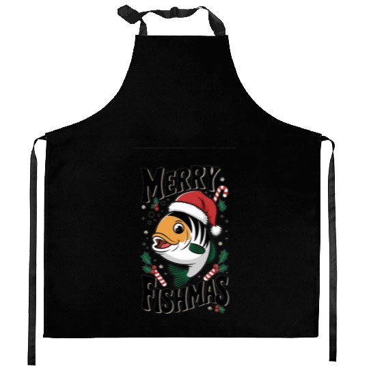 "Merry Fishmas Kitchen Aprons - Funny Christmas Fish