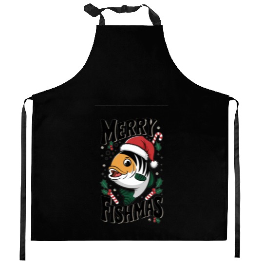 "Merry Fishmas Kitchen Aprons - Funny Christmas Fish