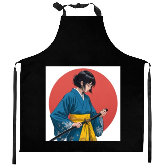 Blossom and Blade: Kimono-Clad Warrior Girl, Japan Kitchen Aprons