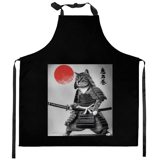 Kawaii Japanese Samurai Cat Vintage Japanese Cat Kitchen Aprons