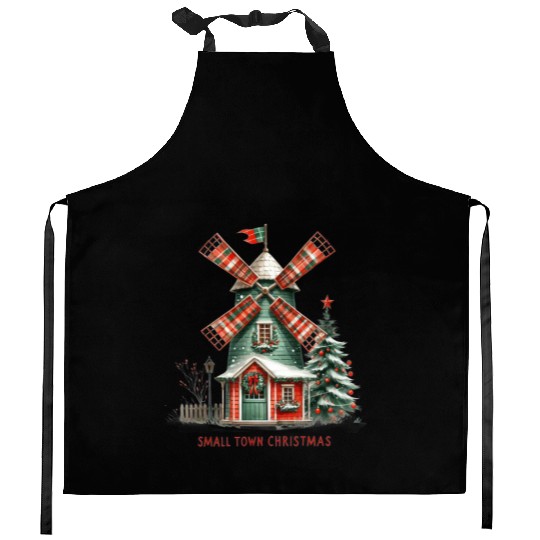 Small Town Christmas Plaid Windmill Kitchen Aprons