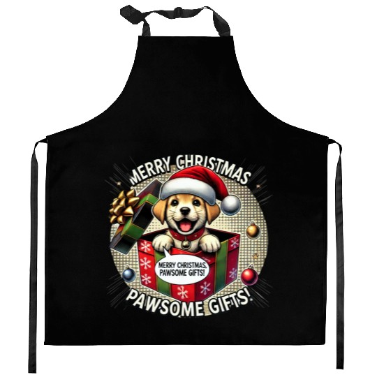 Puppy Christmas Surprise Kitchen Aprons
