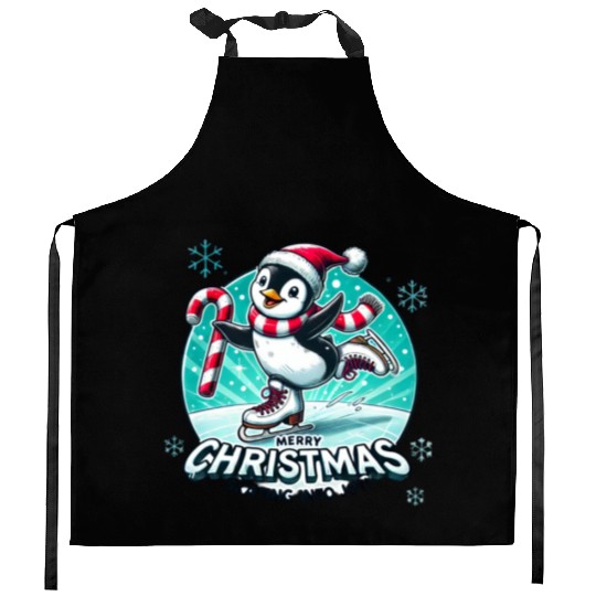 Penguin Ice Skating Christmas Fun Kitchen Aprons