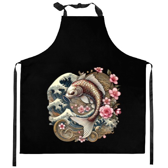 Elegant Koi Fish and Cherry Blossom Design Kitchen Aprons