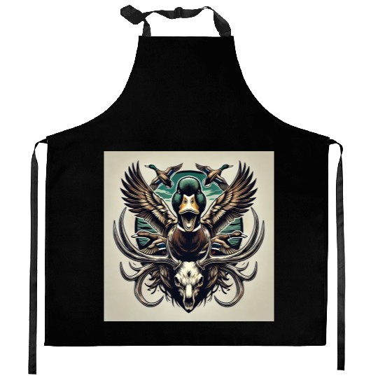 Mallard duck flying over deer skull in marsh Kitchen Aprons
