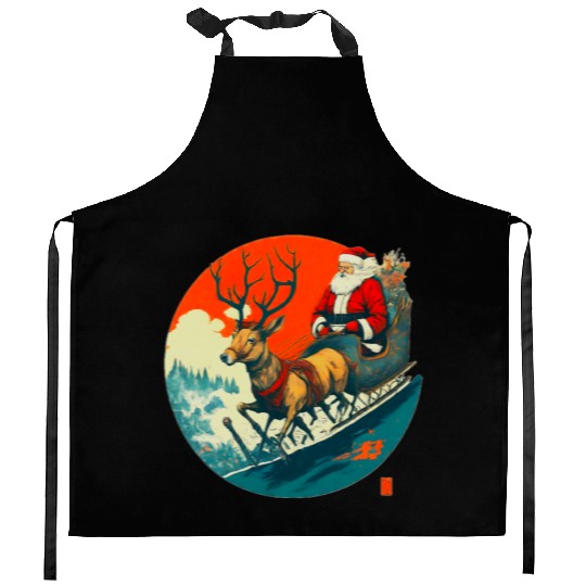Santa Claus Flying Reindeer Christmas Festive Kitchen Aprons