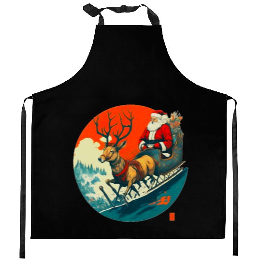 Santa Claus Flying Reindeer Christmas Festive Kitchen Aprons