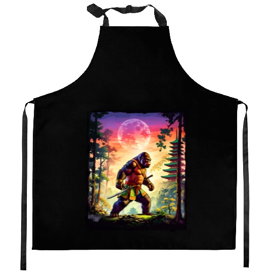 Samurai Bigfoot Japanese Vintage Ukiyo-e Bigfoot Kitchen Aprons