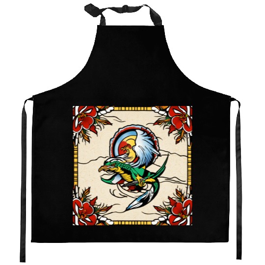 Dragonbird in Stained-Glass Garden" Kitchen Aprons