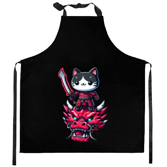 Samurai Cat with Sword on Dragon in Epic 3D Effect Kitchen Aprons