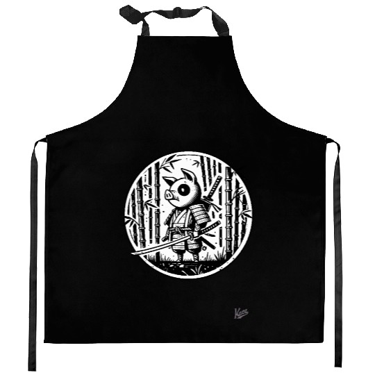 Pig Samurai in Bamboo Forest Kitchen Aprons