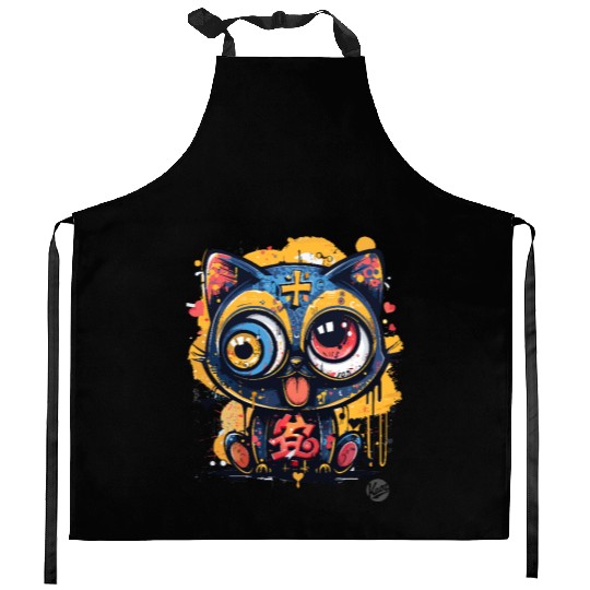 Psycho Lucky Cat – Glitch Meow Madness Kitchen Aprons