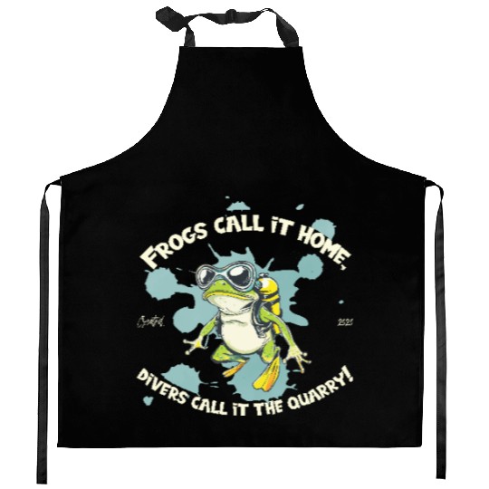 Diver Frog With Saying Home Meets Quarry Pond Kitchen Aprons