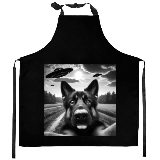 German2 Shepherd Funny GSP Selfie with UFOs Weird Kitchen Aprons