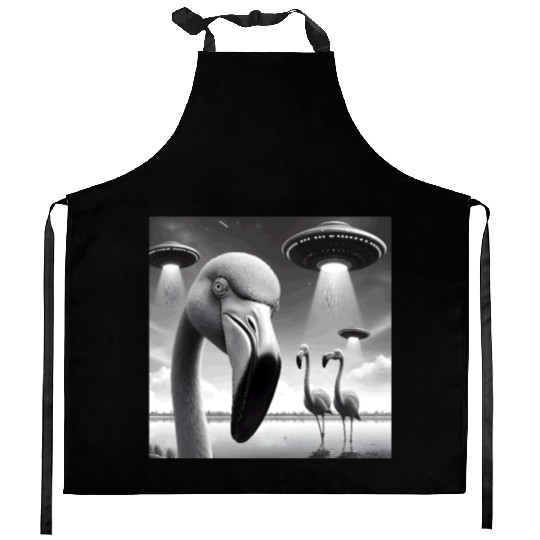 Flamingo Sci-fi Funny Graphic Selfie with UFOs Wei Kitchen Aprons
