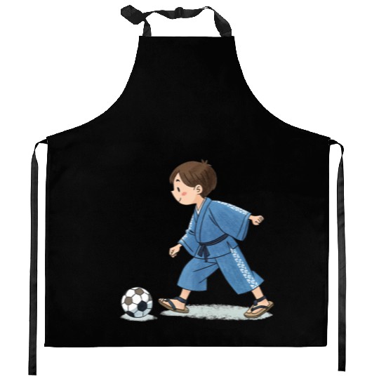 Boy in kimono playing soccer Kitchen Aprons