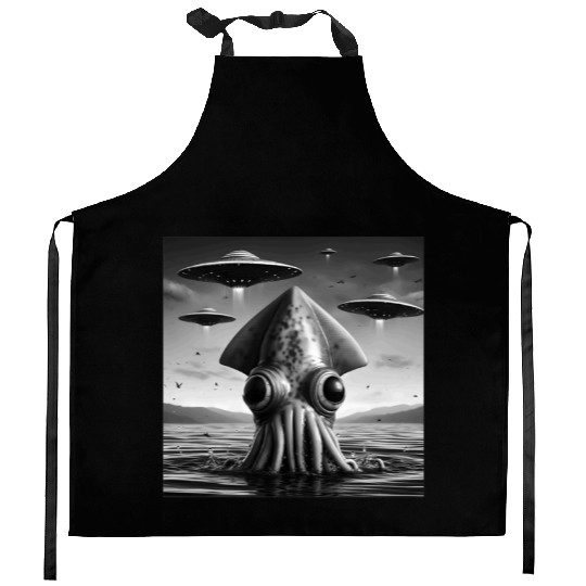 Squid Octopus Funny Graphic Selfie with UFOs Weird Kitchen Aprons