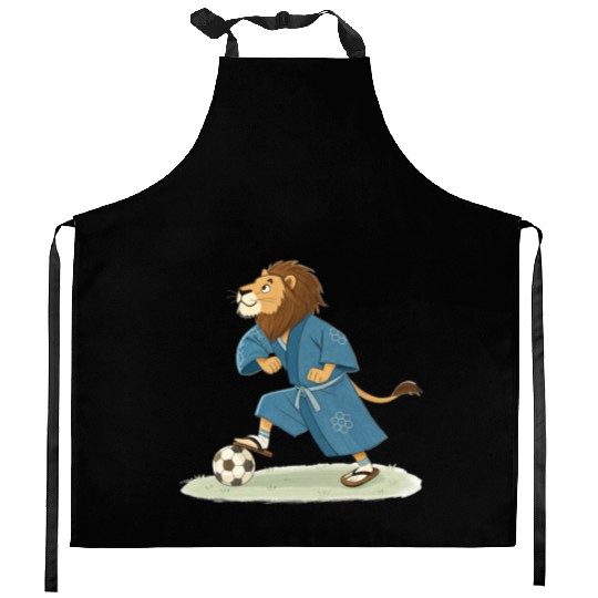 Lion playing soccer in karate kimono Kitchen Aprons