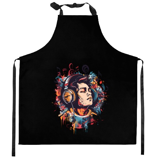 Person with headphones music Kitchen Aprons