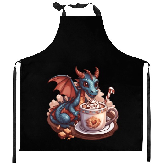 Cozy Dragon and Hot Chocolate Delight Kitchen Aprons