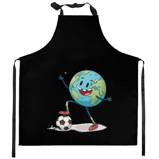 Planet Earth playing soccer Kitchen Aprons