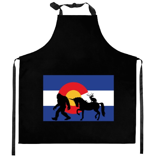 Mythical Creature and Jeep in Colorado Flag Kitchen Aprons