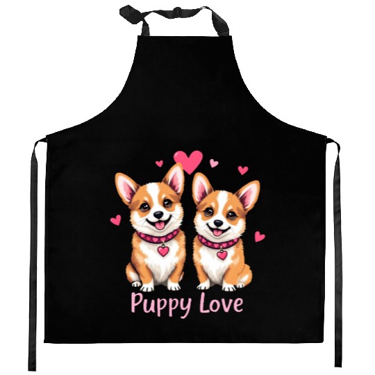 Valentines Day - Puppy Love Corgi dog Kitchen Aprons