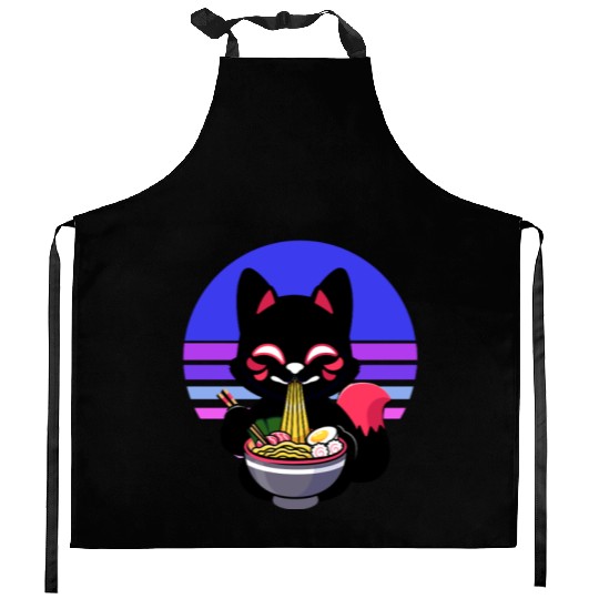 Cat Eating Ramen Noodles Kawaii Anime Japanese Kitchen Aprons