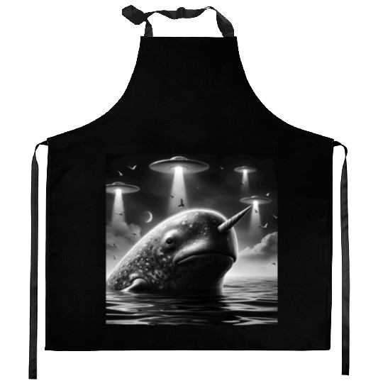 Narwhal Funny Graphic Selfie with UFOs Weird Alien Kitchen Aprons