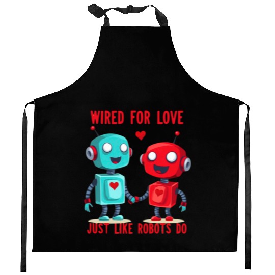 Valentine's Day Gift: Two Robots in Love on Bella Kitchen Aprons