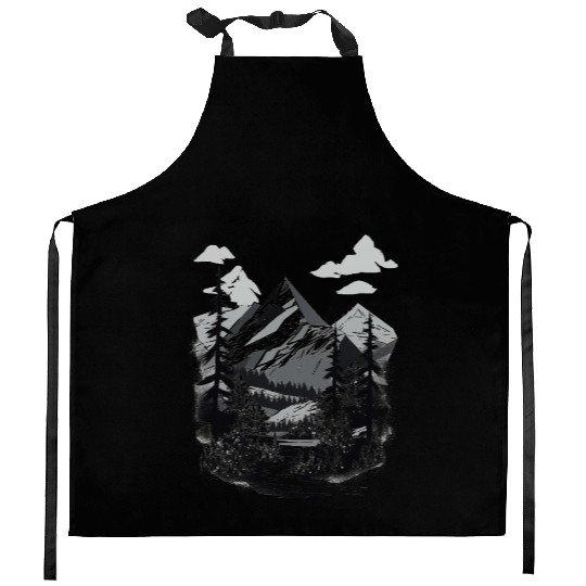 Monochrome Mountain Wilderness Kitchen Aprons