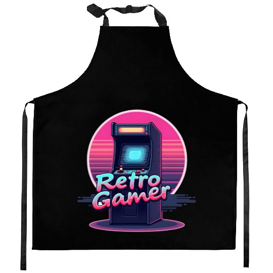 retro gamer in retro style oldschool gamer Kitchen Aprons