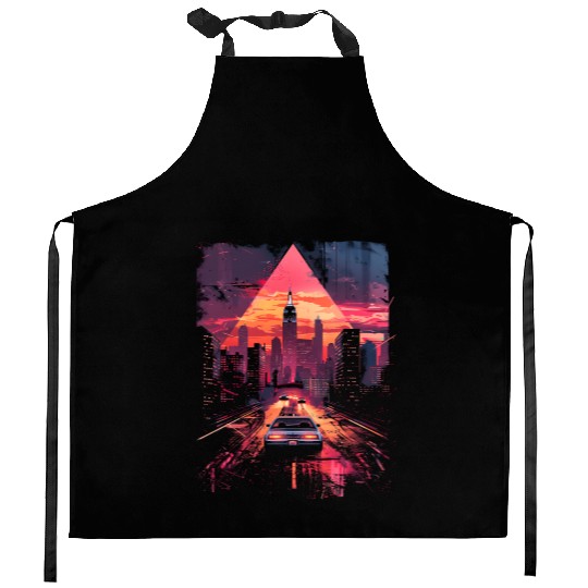 Vaporwave Retro Car City Synthwave 80s 90s Kitchen Aprons