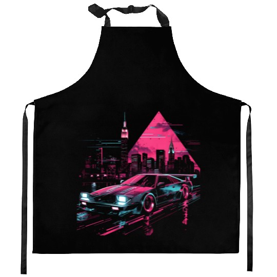 Synthwave Retro Car City Vaporwave 80s 90s Kitchen Aprons
