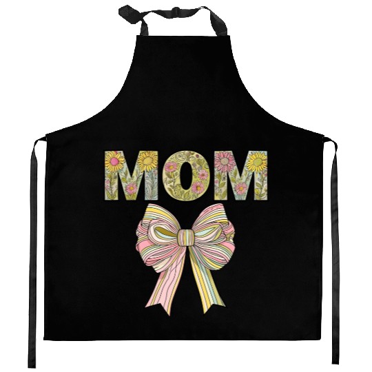 Floral MOM Design with Pastel Ribbon Bow Kitchen Aprons