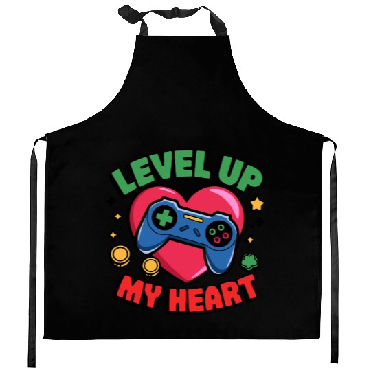 Level Up My Heart - Gaming Valentine's Design Kitchen Aprons