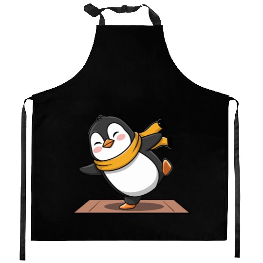 Cute Penguin Doing Yoga with Yellow Scarf Kitchen Aprons