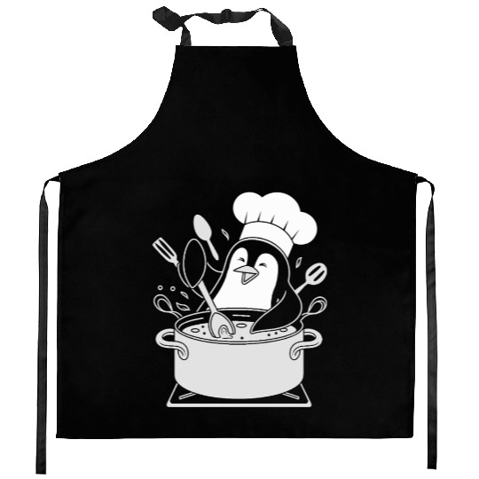 Chef Penguin Cooking with Utensils in Pot Kitchen Aprons